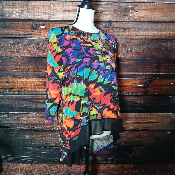 Peck & Peck Top PL Large Petite Hi Low 3/4 Sleeve Sheer Back Colorful Tunic - Picture 6 of 8